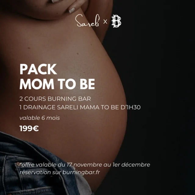 Plus que quelques jours pour profiter de l’offre Burning Bar x @sareli_officiel , spécialiste du massage drainant, pour une offre spéciale dédiée aux futures mamans ! 🤰 Découvrez le pack MOM TO BE disponible sur burningbar.fr comprenant : 	•	2 cours de Yoga prénatal chez Burning Bar	•	1 Drainage Sareli Mama to Be d’1h30Tarif : 199€Le pack est disponible à l’achat jusqu’au 1er décembre et reste valable pendant 6 mois.Et plus que 3 jours pour participer à notre jeu concours et tentez de gagner ce pack exclusif ! 💘Rappel : Pour participer, suivez nos deux comptes et taguez deux personnes en commentaire. Le tirage au sort aura lieu le 24 novembre, mais le pack reste disponible à l’achat jusqu’au 1er décembre.Bonne chance à toutes 🍀